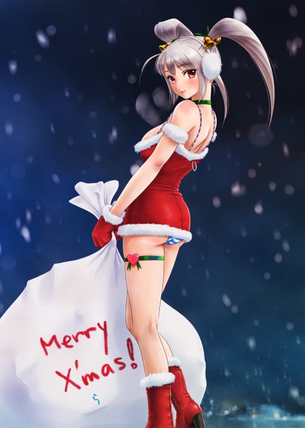 Anime picture 1000x1400 with original rasukaru single long hair tall image blush light erotic red eyes twintails silver hair pantyshot snowing christmas winter exhalation merry christmas girl boots headphones earmuffs