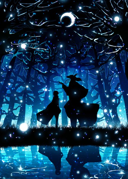 Anime picture 3665x5140 with mahou tsukai no yome wit studio hatori chise ellias ainsworth harada miyuki tall image highres standing absurdres full body profile horn (horns) night outstretched arm reflection crescent silhouette plant (plants) tree (trees) water
