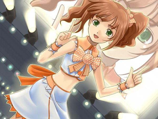 Anime picture 1024x768 with idolmaster takatsuki yayoi single looking at viewer open mouth smile brown hair twintails green eyes payot arm up bare belly sleeveless wavy hair sweet break girl (idolmaster) girl skirt bow skirt set hair tie