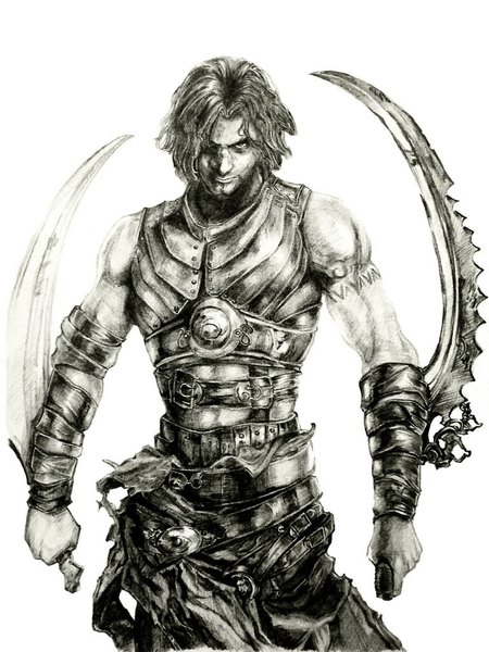 Anime picture 768x1024 with prince of persia dantewontdie single tall image fringe short hair white background bare shoulders holding lips hair over one eye tattoo monochrome muscle dual wielding boy weapon sword