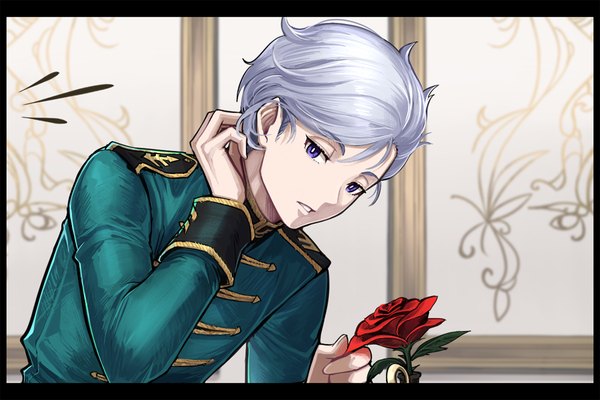 Anime picture 1000x667 with mobile suit gundam gundam unicorn sunrise (studio) angelo sauper tenyo0819 single looking at viewer short hair blue eyes silver hair upper body indoors parted lips leaning border adjusting hair boy uniform flower (flowers) rose (roses)
