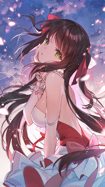 Anime picture 1200x2133 with virtual youtuber indie virtual youtuber qutie bison cangshu single long hair tall image looking at viewer fringe breasts light erotic brown hair large breasts standing green eyes head tilt mole mole under eye sideboob back