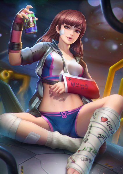 Anime picture 2480x3508 with overwatch blizzard entertainment d.va (overwatch) meka (overwatch) shooting star d.va nudtawut thongmai single long hair tall image looking at viewer fringe highres breasts light erotic red eyes brown hair sitting holding bent knee (knees) blunt bangs
