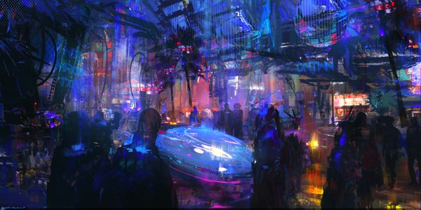 イラスト 3600x1800 と オリジナル solarsouth highres wide image city evening silhouette cyberpunk mohawk 植物 木 ヤシの木 人々 crowd