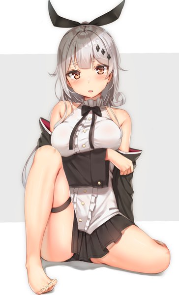 Anime picture 911x1500 with girls frontline five-seven (girls frontline) reinama single long hair tall image looking at viewer blush fringe breasts open mouth light erotic simple background sitting bare shoulders brown eyes silver hair barefoot off shoulder grey background