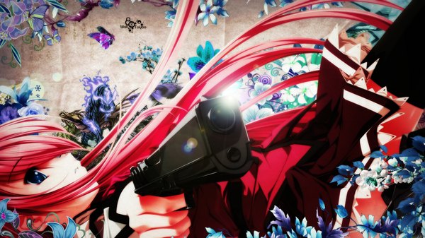 Anime picture 1920x1080 with toyboj single long hair highres blue eyes wide image pink hair girl thighhighs flower (flowers) weapon black thighhighs gun