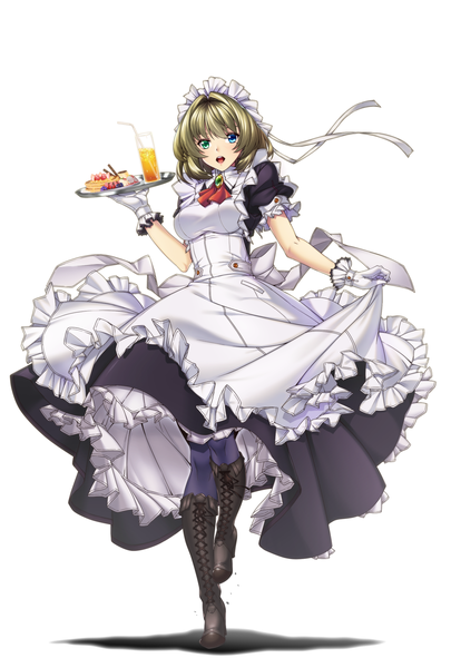 Anime picture 1860x2755 with idolmaster idolmaster cinderella girls takagaki kaede merufena single tall image looking at viewer highres short hair open mouth simple background brown hair white background maid heterochromia girl dress gloves uniform food