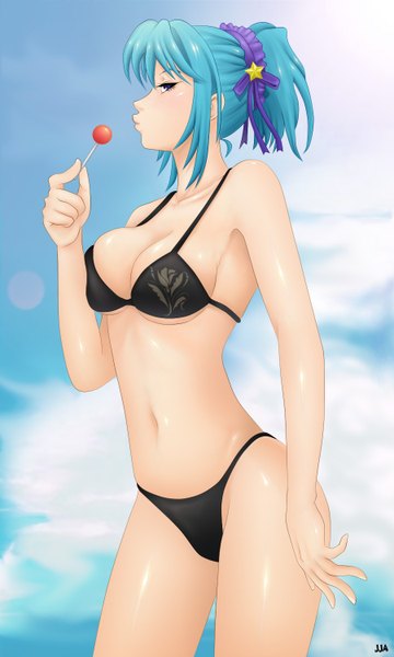 Anime picture 900x1500 with rosario+vampire kurono kurumu khalitzburg single tall image blush short hair breasts light erotic purple eyes blue hair girl navel swimsuit bikini food sweets black bikini candy lollipop