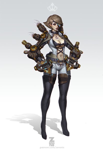 Anime picture 621x900 with paul (shiramune) single tall image short hair breasts light erotic simple background brown hair realistic grey background grey eyes tattoo lacing steam punk girl navel weapon choker armor eyepatch
