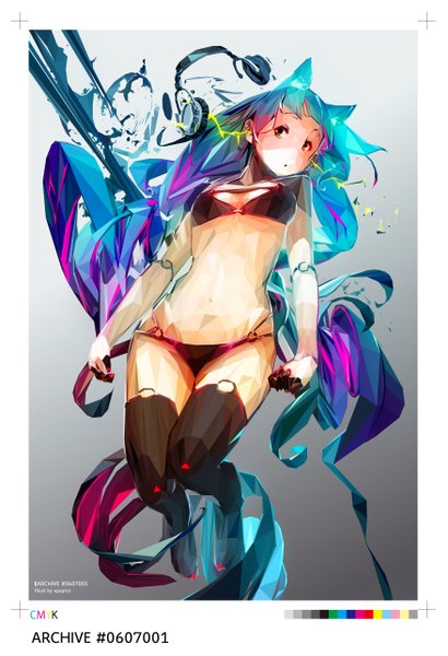 Anime picture 1754x2563 with original aqaqico single tall image highres light erotic brown eyes animal ears blue hair multicolored hair gradient background girl thighhighs navel underwear panties black thighhighs headphones