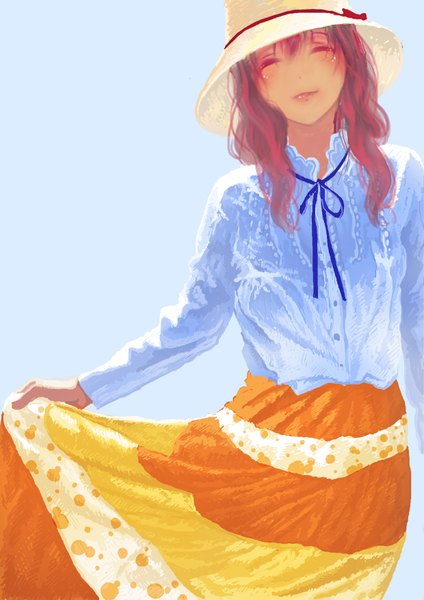 Anime picture 1240x1754 with original orangina hyotan (artist) single long hair tall image blush fringe simple background smile standing pink hair eyes closed wavy hair blue background girl skirt hat headdress blouse