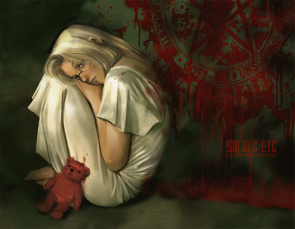 Anime picture 992x772 with hellsing integra wingates hellsing solid&etc single long hair blonde hair looking away barefoot realistic short sleeves magic blood stains embryo's pose girl glasses lingerie blood toy stuffed animal teddy bear