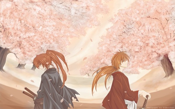 Anime picture 1920x1200 with rurouni kenshin himura kenshin highres wide image ponytail cherry blossoms boy kenshing himura