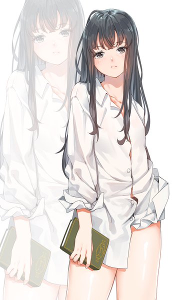 Anime picture 800x1257 with original fangxiang cuoluan single long hair tall image looking at viewer fringe light erotic black hair white background black eyes zoom layer messy hair girl shirt white shirt book (books)