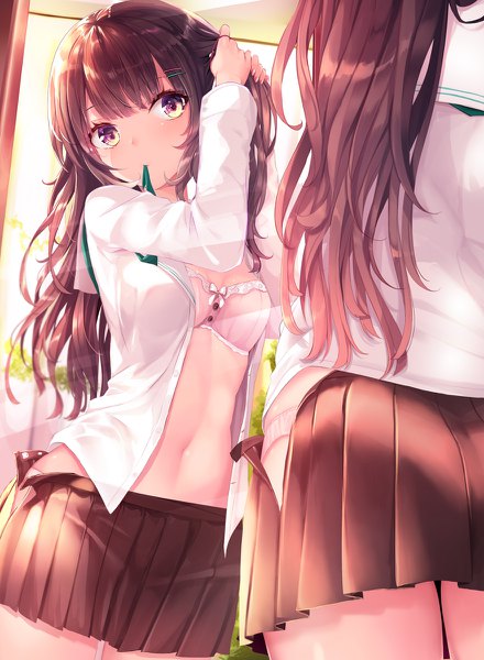 Anime picture 880x1200 with original haruka natsuki single long hair tall image looking at viewer blush fringe breasts light erotic brown hair standing holding yellow eyes payot indoors blunt bangs long sleeves head tilt pleated skirt
