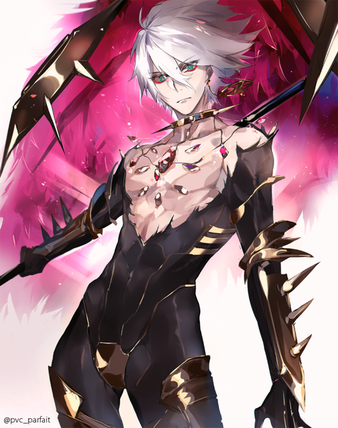 Anime picture 800x1013 with fate (series) fate/grand order fate/apocrypha karna (fate) pvc parfait single tall image fringe short hair hair between eyes standing signed silver hair aqua eyes twitter username boy armor gem single earring spikes