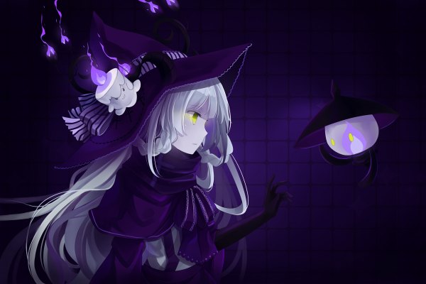 Anime picture 1200x800 with pokemon nintendo chandelure litwick lampent hitsukuya single long hair yellow eyes silver hair profile gen 5 pokemon girl dress gloves witch hat fire candle (candles)