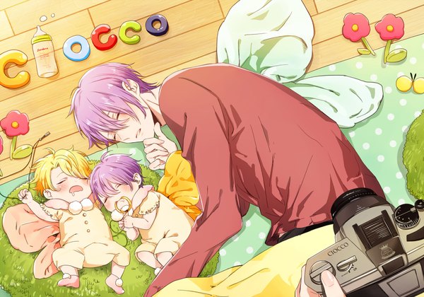 Anime picture 1036x726 with lucky dog giulio di bondone gian carlo komichi96 blush fringe short hair open mouth blonde hair hair between eyes holding purple hair lying eyes closed hair over one eye multiple boys text mouth hold saliva sleeping