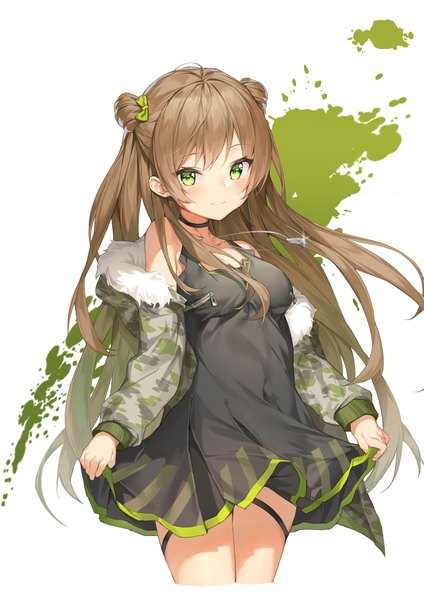 Anime picture 3500x4950 with girls frontline rfb (girls frontline) mokew single long hair tall image looking at viewer blush highres smile brown hair standing white background green eyes absurdres ahoge open jacket hair bun (hair buns) covered navel camouflage