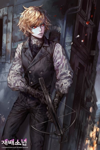 Anime picture 743x1114 with yilee tall image fringe short hair blonde hair red eyes white background signed looking away bent knee (knees) parted lips lips inscription dark background boy gloves weapon shirt petals black gloves