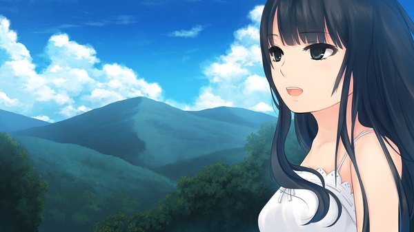 Anime picture 1280x720 with ame koi isshi mizuki coffee-kizoku single long hair blush open mouth smile wide image bare shoulders looking away game cg sky cloud (clouds) profile black eyes sunlight teeth happy mountain