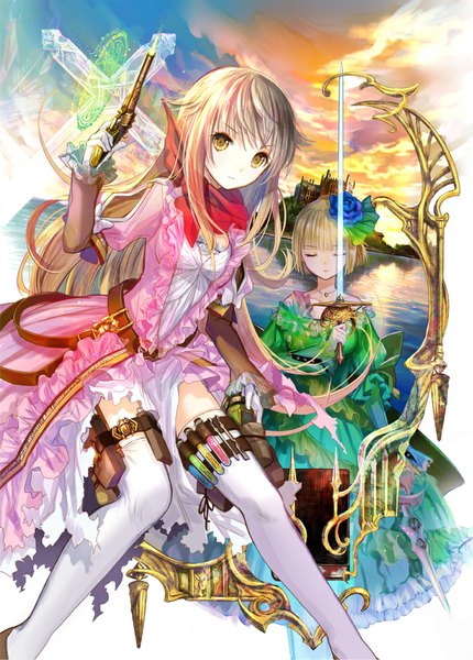 Anime picture 734x1025 with original fuzichoco long hair tall image looking at viewer blonde hair multiple girls yellow eyes cloud (clouds) eyes closed hair flower magic girl thighhighs dress gloves hair ornament flower (flowers) weapon 2 girls