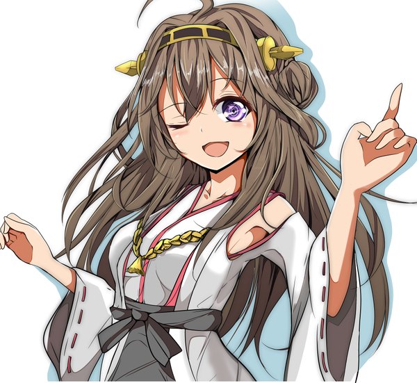 Anime picture 3932x3613 with kantai collection kongou battleship velia (artist) single long hair looking at viewer blush highres open mouth simple background smile brown hair white background purple eyes absurdres ahoge long sleeves traditional clothes japanese clothes one eye closed