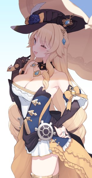 Anime picture 2078x3997 with genshin impact navia (genshin impact) cloba single long hair tall image looking at viewer blush highres breasts open mouth blue eyes light erotic blonde hair smile large breasts standing bare shoulders holding cleavage