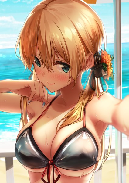 Anime picture 1754x2478 with kantai collection prinz eugen (kantai collection) baffu single long hair tall image looking at viewer blush fringe highres breasts light erotic blonde hair hair between eyes large breasts twintails bare shoulders green eyes payot sky