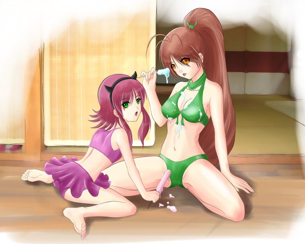 Anime picture 1500x1200 with league of legends akali (league of legends) annie (league of legends) navui long hair looking at viewer short hair open mouth light erotic brown hair multiple girls brown eyes green eyes pink hair ponytail messy girl navel 2 girls swimsuit