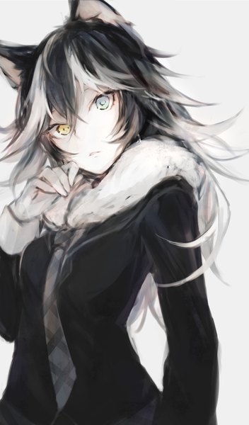 Anime picture 800x1363 with kemono friends grey wolf (kemono friends) hasuno single long hair tall image looking at viewer fringe black hair simple background hair between eyes yellow eyes white hair head tilt arm up grey eyes fur trim heterochromia multicolored eyes girl