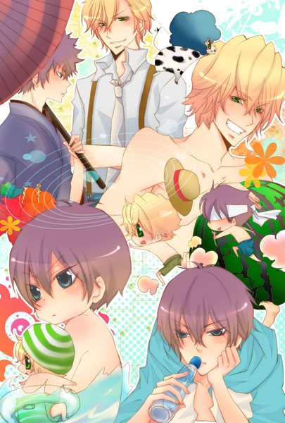 Anime picture 1181x1748 with katekyou hitman reborn hibari kyouya dino cavallone lambo sakonishi (koniniko) tall image short hair blue eyes blonde hair green eyes purple hair profile arm support grin topless chibi running blindfold boy hat