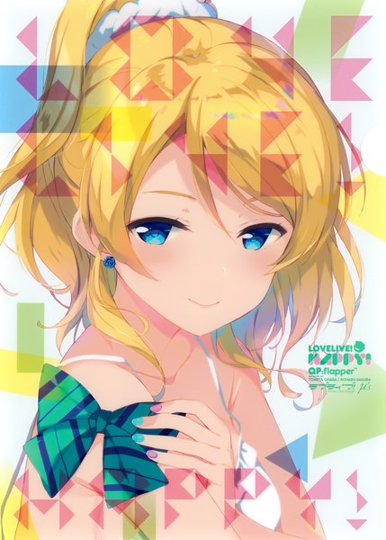 Anime picture 2861x4000 with love live! school idol project sunrise (studio) love live! ayase eli sakura koharu ohara tometa single tall image looking at viewer fringe highres short hair blue eyes blonde hair simple background smile hair between eyes white background bare shoulders payot