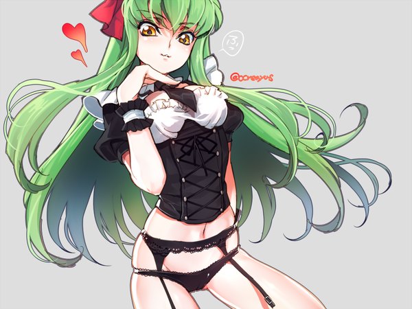 Anime picture 800x600 with code geass sunrise (studio) c.c. creayus single long hair looking at viewer fringe light erotic simple background signed yellow eyes green hair grey background alternate costume girl navel underwear panties heart