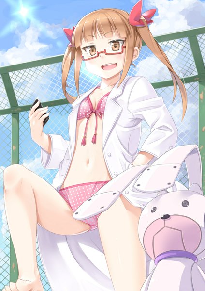 Anime picture 827x1170 with idolmaster idolmaster cinderella girls miri (ago550421) single long hair tall image blush open mouth light erotic brown hair twintails brown eyes sky cloud (clouds) open clothes open shirt girl bow swimsuit hair bow