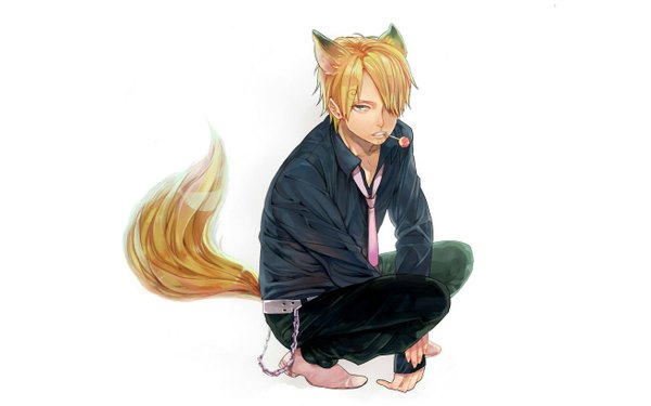 Anime picture 1310x819 with one piece toei animation sanji yuu (1969loy) single looking at viewer fringe short hair blue eyes simple background blonde hair wide image white background sitting animal ears animal tail hair over one eye mouth hold squat boy