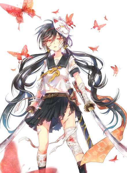 Anime picture 991x1351 with original nekozuki yuki single tall image looking at viewer fringe black hair simple background red eyes white background twintails holding very long hair torn clothes dual wielding mask on head injury cuts girl skirt