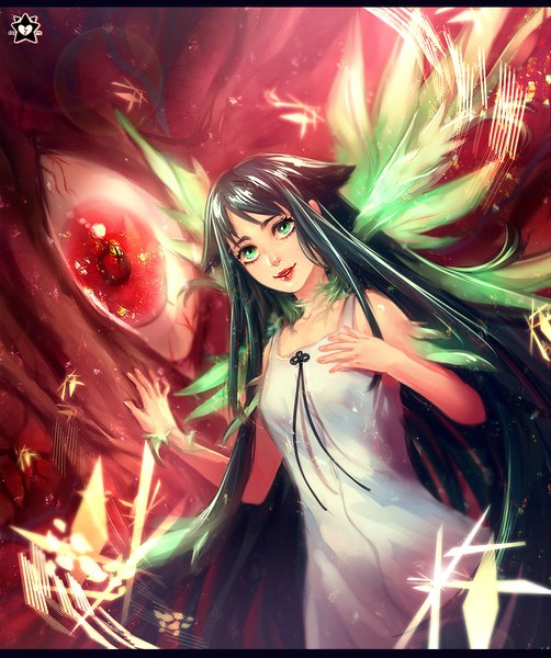 Anime picture 1000x1195 with saya no uta nitroplus saya (saya no uta) e-x-p-i-e single tall image looking at viewer smile red eyes bare shoulders green eyes very long hair green hair lips girl dress wings sundress