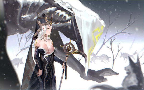 Anime picture 1440x900 with original karasu-san (syh3iua83) single long hair breasts light erotic standing bare shoulders holding yellow eyes payot looking away cleavage white hair fur trim snowing winter snow bodypaint girl