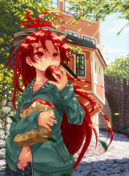 Anime picture 1000x1364 with mahou shoujo madoka magica shaft (studio) sakura kyouko kyuubee junly long hair tall image red eyes ponytail red hair eating girl navel leaf (leaves) sweater apple