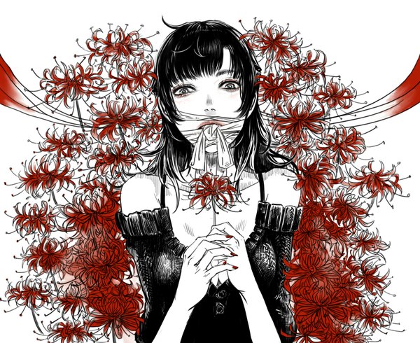 Anime picture 1100x900 with original otimusyairoha (yellowhlnch) single long hair looking at viewer fringe black hair white background bare shoulders holding nail polish black eyes mouth hold girl dress flower (flowers) black dress bandage (bandages) higanbana