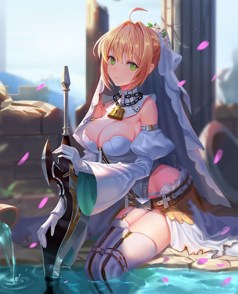 Anime picture 900x1111 with fate (series) fate/extra fate/extra ccc nero claudius (fate) nero claudius (bride) (fate) dongfangzhong111 single tall image looking at viewer blush fringe short hair breasts light erotic blonde hair smile hair between eyes large breasts sitting bare shoulders