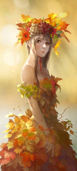 Anime picture 500x1100 with original hage2013 single long hair tall image blush fringe brown hair standing bare shoulders brown eyes upper body sunlight realistic looking up autumn girl dress flower (flowers) ribbon (ribbons)