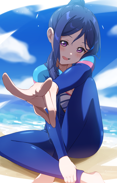 Anime picture 1881x2933 with love live! sunshine!! sunrise (studio) love live! matsuura kanan itsuka (itsuka 000) single long hair tall image looking at viewer blush fringe highres breasts open mouth light erotic smile hair between eyes purple eyes blue hair sky