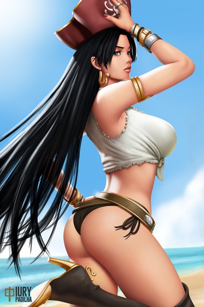 Anime picture 733x1100 with one piece toei animation boa hancock iury padilha single long hair tall image looking at viewer breasts blue eyes light erotic black hair standing signed sky cloud (clouds) outdoors ass nail polish parted lips