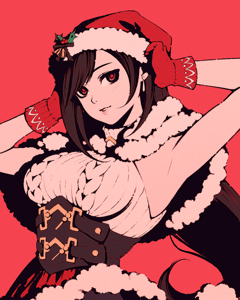 Anime picture 864x1080 with final fantasy final fantasy vii square enix tifa lockhart moshimoshibe single long hair tall image looking at viewer fringe breasts black hair simple background red eyes parted lips arms up armpit (armpits) sleeveless christmas red background