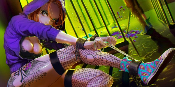 Anime-Bild 3600x1800 mit original rukiana looking at viewer highres short hair breasts light erotic blonde hair wide image sitting green eyes cleavage tattoo girl thighhighs shoes hood blood hoodie sneakers