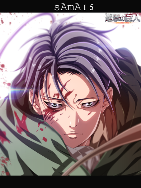 Anime picture 780x1032 with shingeki no kyojin production i.g levi (rivaille) sama15 single tall image short hair black hair simple background white background inscription grey eyes coloring hieroglyph portrait light close-up face boy blood
