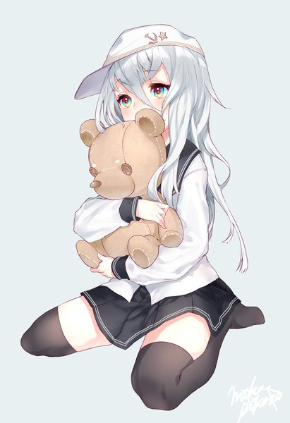 Anime picture 1504x2194 with kantai collection hibiki destroyer verniy destroyer mika pikazo long hair tall image blush blue eyes simple background sitting holding looking away white hair pleated skirt grey background no shoes hug kneeling hug from behind hammer and sickle