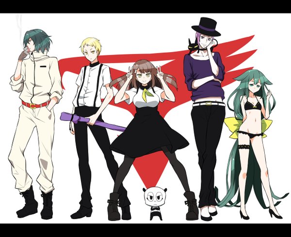 Anime picture 1222x1000 with gatchaman crowds tatsunoko utsutsu ichinose hajime tachibana sugune o.d. hibiki joe paiman shouji nigou long hair looking at viewer short hair blonde hair simple background smile brown hair standing white background purple eyes multiple girls